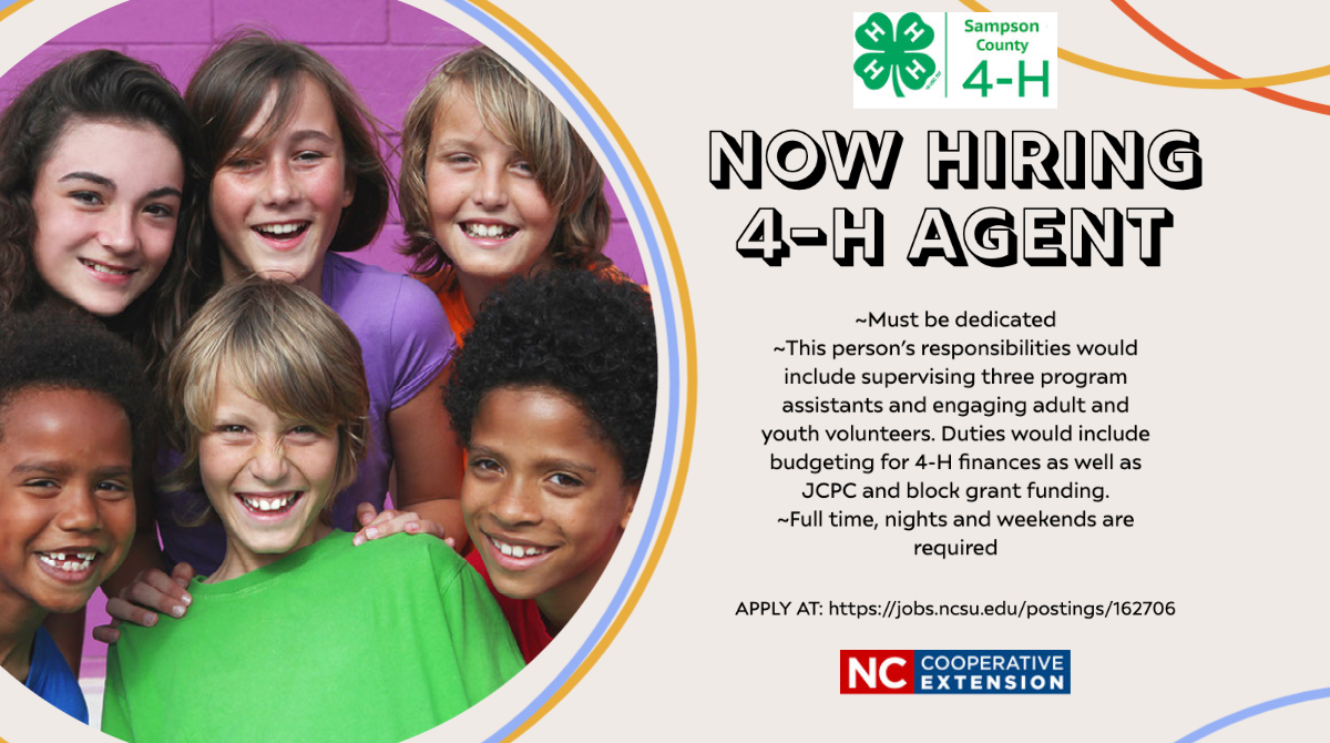 Now Hiring 4-H Agent. Must be dedicated. This person's responsibilities would include supervising three program assistants and engaging adult and volunteers. 
